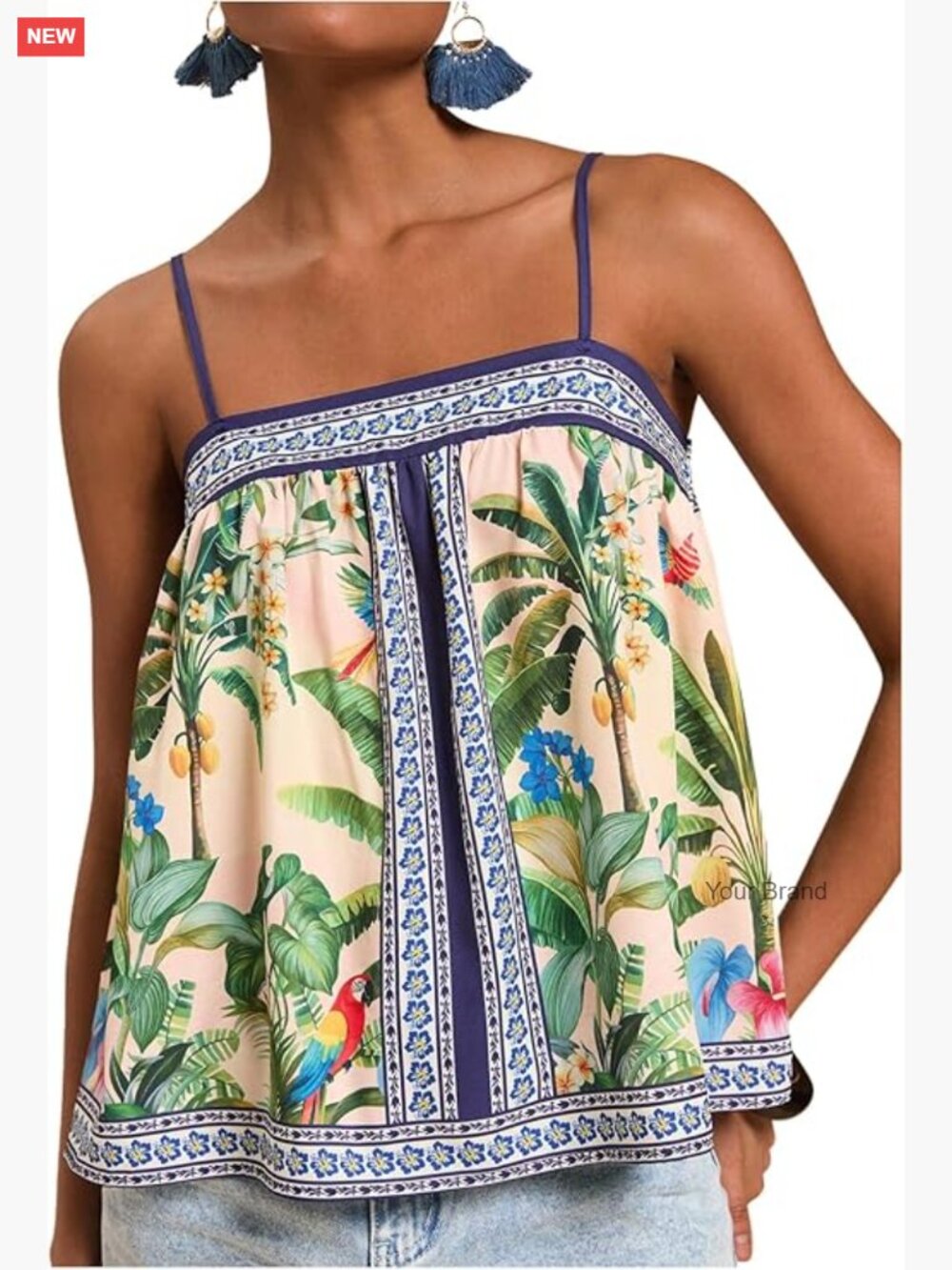 Tropical Floral Print Cami Top Spaghetti Strap Boho Summer Tank Top